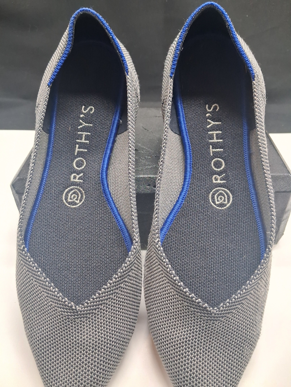 Rothy's Women's Pointed Slip-On Flats in Gray with Blue Trim - Picture 2 of 10